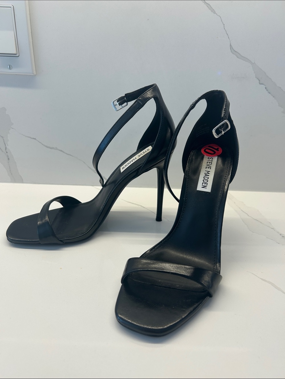 Steve Madden Black Leather High Heel Ankle-Strap Sandals